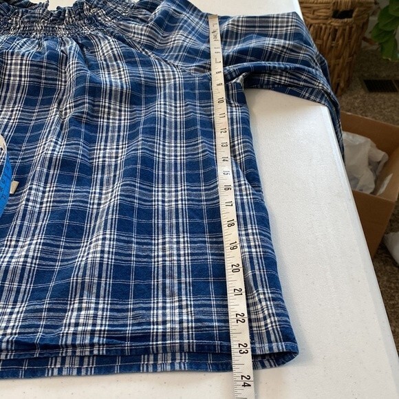 J Crew Plaid Smocked Ruffleneck Top Ansley Blue Wash Ballon 3/4 Sleeve High Neck - Picture 12 of 16